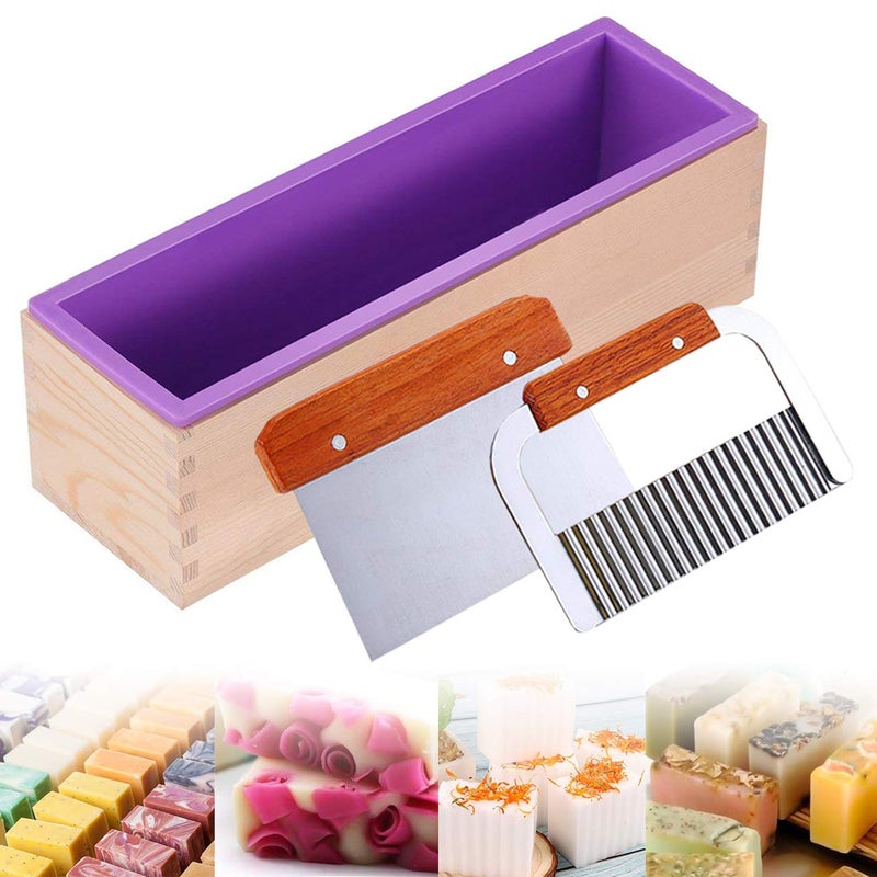 Ogrmar Silicone Soap Molds Kit-42 oz Wooden Silicone Rectangular Mold with Stainless Steel Wavy & Straight Scraper for Soap Cake Making (Purple) - Image 1